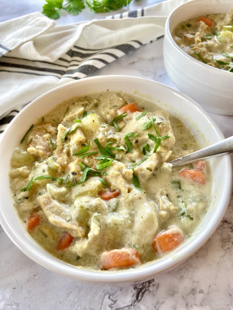 vegan chicken and dumplings in a dish