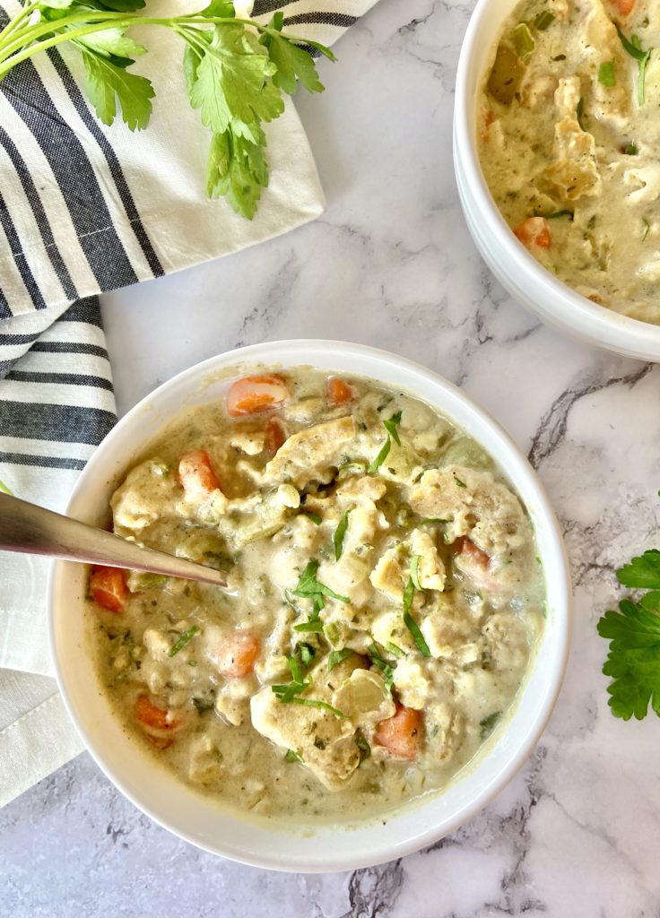 vegan chicken and dumplings overhead