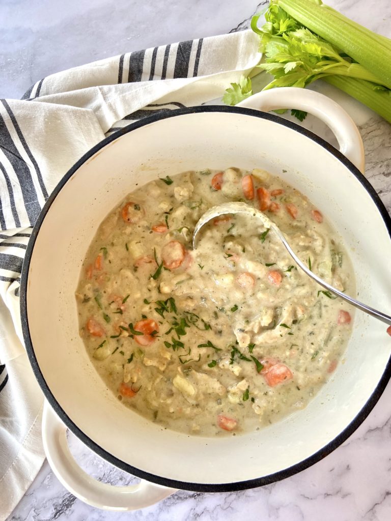 vegan chicken and dumplings in a dutch oven