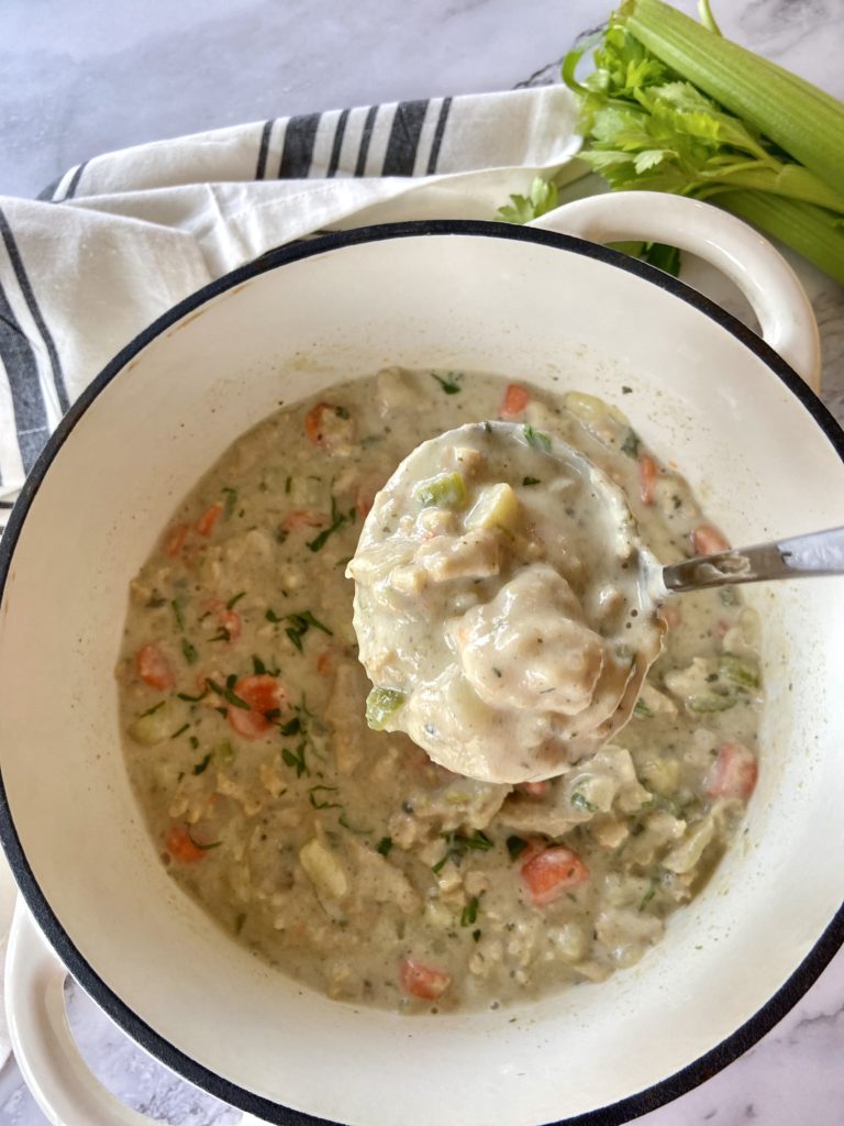 vegan chicken and dumplings scoop