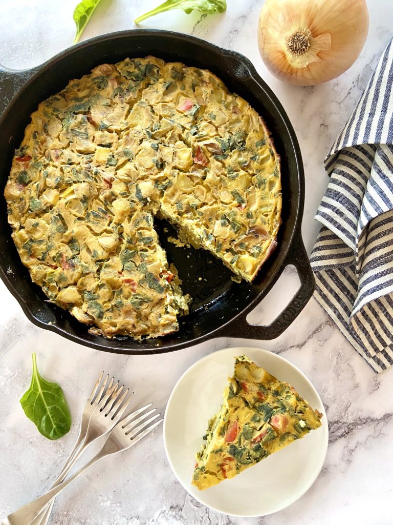 overhead vegan frittata one slice served