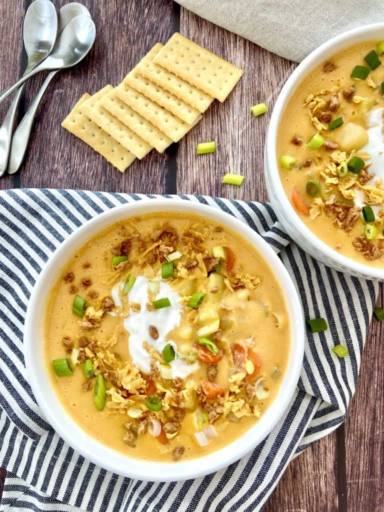 vegan potato soup with toppings