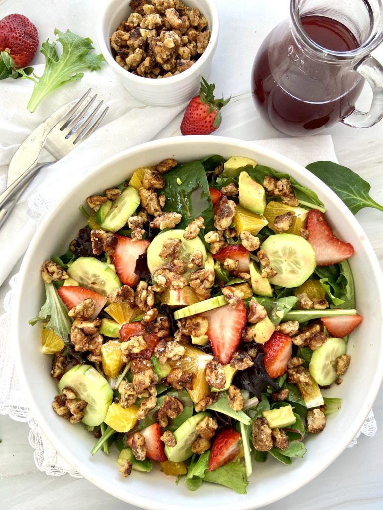 overhead view of strawberry walnut salad